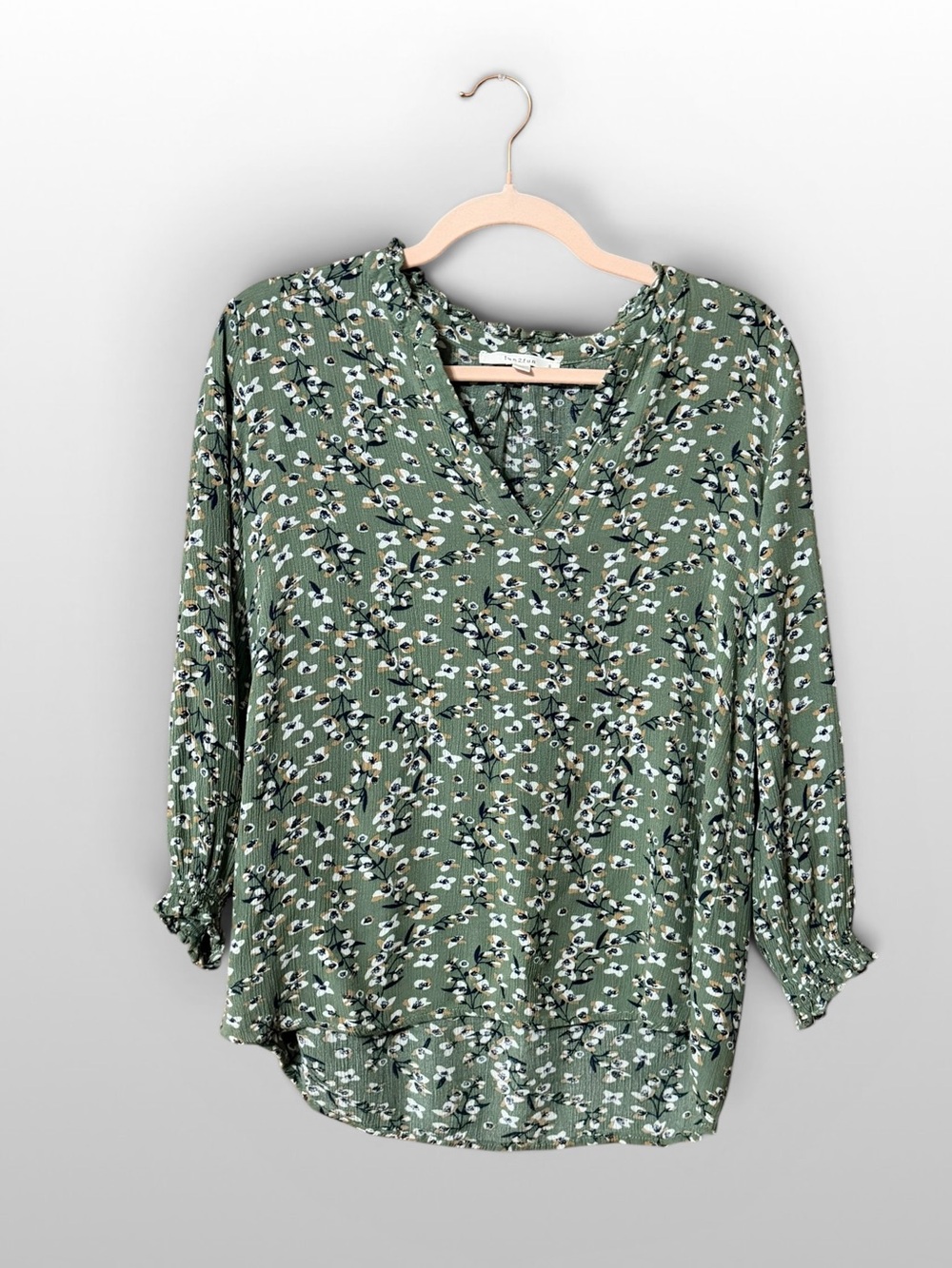 Boho Floral Blouse Womens S Green Lightweight 3/4 Sleeve Casual Top